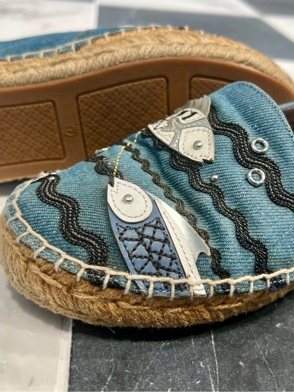 Tory Burch Blue Denim Nautical Espadrilles with Sailboat & Fish Appliqué